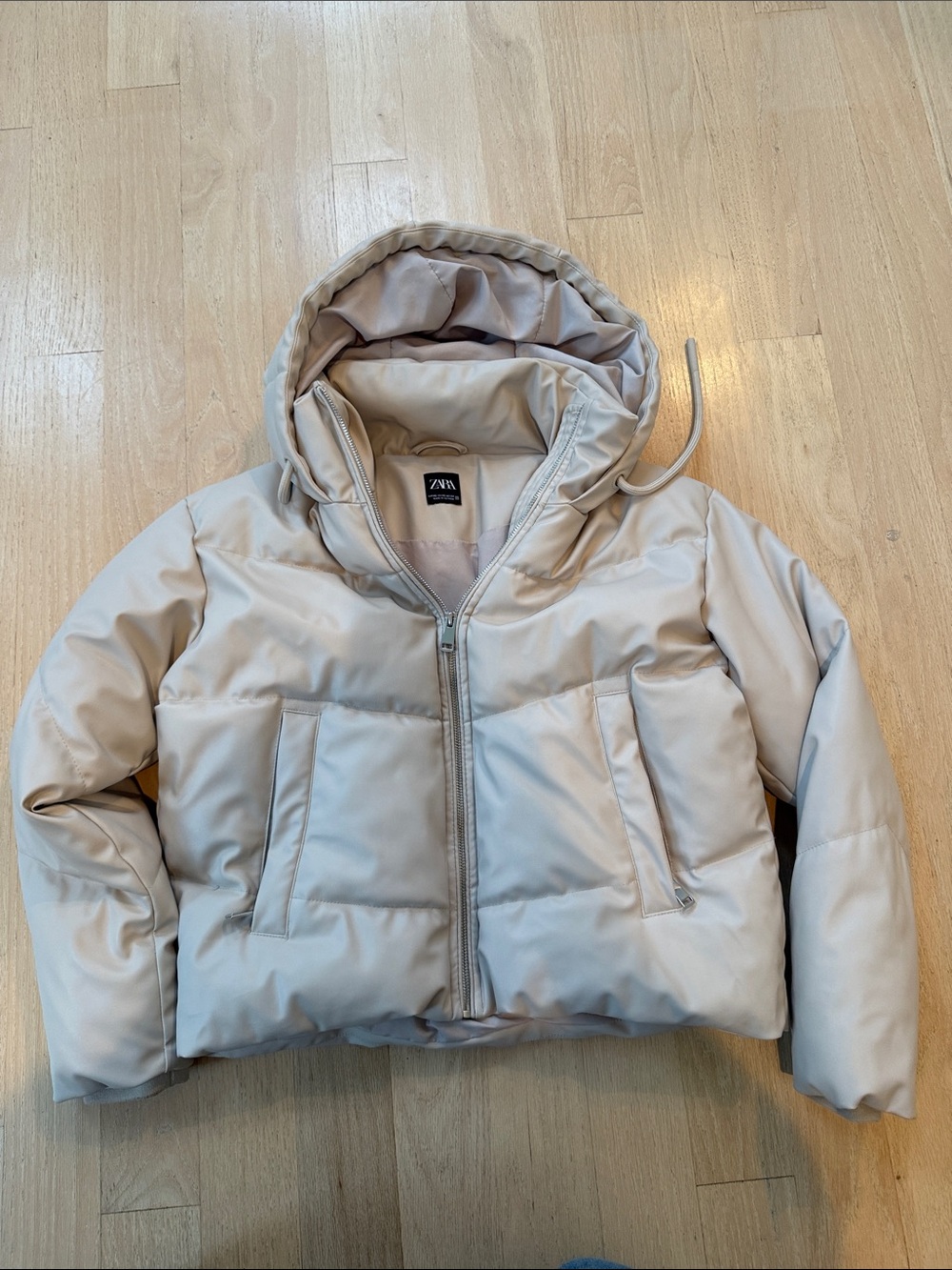 Zara Light Beige Puffer Jacket with Hood